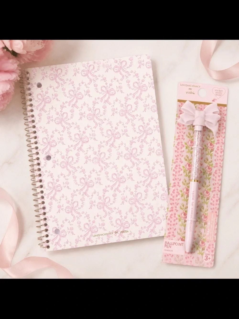 LoveShackFancy x Yoobi Spiral Notebook & Bow Pen Gift Set Pink NWT Coquette
